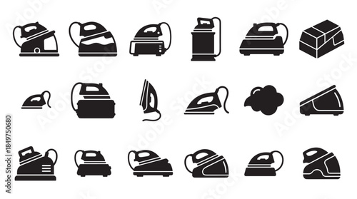 Collection of black steam iron icons and glyphs showing various models of household appliances for ironing clothes in a minimalist graphic style for design elements