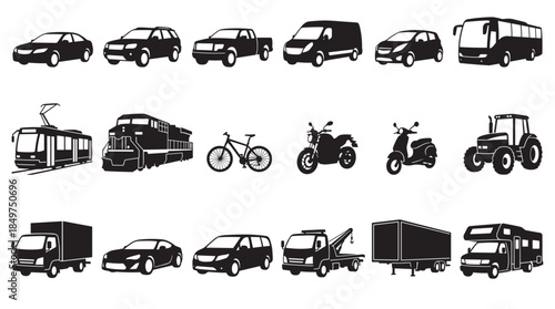 Large collection of black vehicle silhouettes representing various modes of transportation, including cars, trucks, trains, and motorcycles, presented as a clean vector icon set