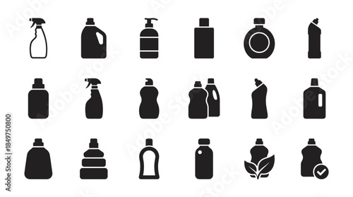 Cleaning product bottle and container icons set in a minimalist black silhouette style, showing various shapes for detergent, bleach, soap, and household chemicals for graphic design