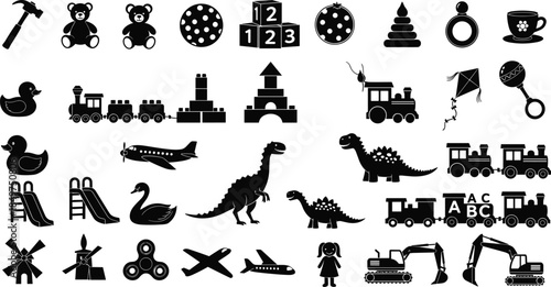 Children toy silhouette set, black vector icons, playtime objects, educational items, classic and modern toys, preschool activity illustration