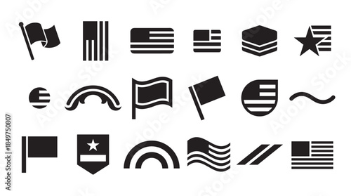 Collection of black patriotic flag icons and national symbols in a minimalist glyph style, featuring various abstract designs with stars and stripes for government or military themes