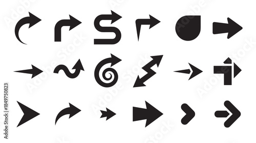 Set of eighteen different black arrow icons and symbols in a flat vector style, showcasing a variety of directional pointers like curved, zigzag, and spiral shapes for graphic design