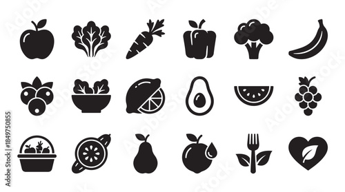 Collection of black glyph icons representing healthy food, fruits, and vegetables for nutrition and diet concepts, including apple, carrot, avocado, and salad symbols