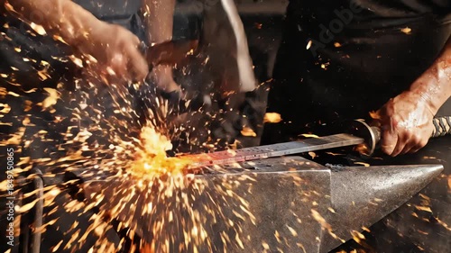 Japanese Swordsmith Forging Red-Hot Blade with Sparks in Dark Forge - AI Generated