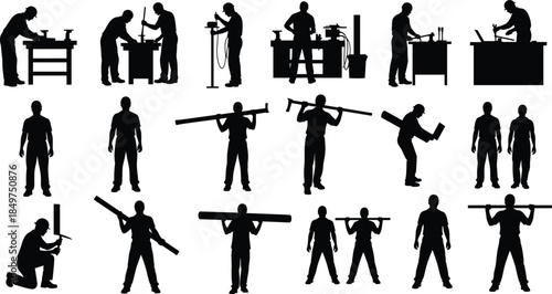 Construction worker silhouette set, manual labor poses, industrial tool usage, black vector illustration, craftsmanship scenes, occupational activity design