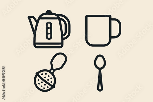 Modern tea time essentials in simple black line art