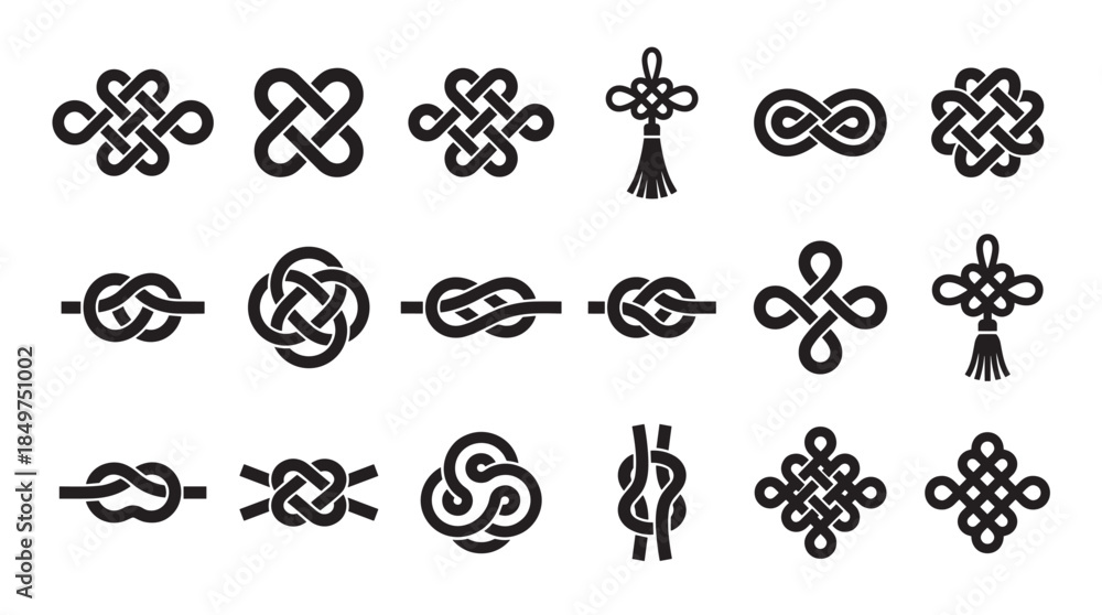 Obraz premium Set of eighteen black graphic knot symbols in various styles, from simple rope ties to complex decorative endless knots and traditional cultural tassels in a minimalist icon illustration