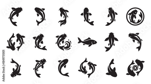 Black koi fish icon set with various carp silhouettes swimming in dynamic poses, representing traditional Asian culture, luck, and harmony in a minimalist graphic style