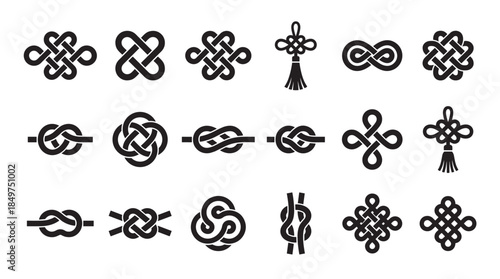 Set of eighteen black graphic knot symbols in various styles, from simple rope ties to complex decorative endless knots and traditional cultural tassels in a minimalist icon illustration