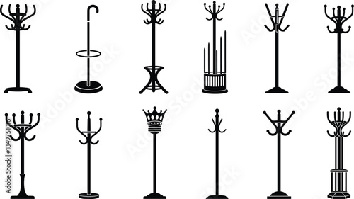 Coat rack silhouettes collection featuring standing hat and coat holders isolated on white background, minimalist furniture illustration set