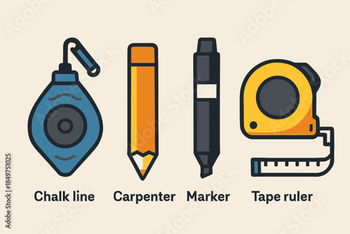 Colorful illustration of carpentry tools on beige background