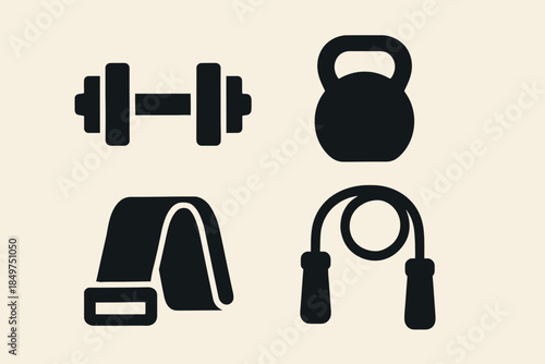Fitness icons including dumbbell, kettlebell, resistance band, jump rope