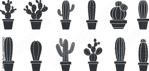 Cactus silhouettes collection featuring potted desert plants and succulents isolated on white background, minimalist botanical illustration set