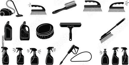 Cleaning tools and household supplies silhouettes collection featuring brushes sprays vacuum equipment isolated on white background, professional cleaning illustration set