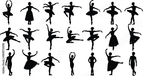 Ballet dancer silhouettes collection showing graceful female dance poses isolated on white background, elegant classical ballet illustration set