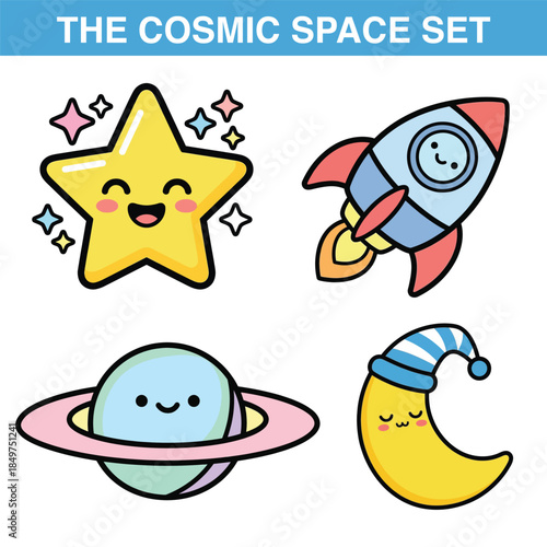 Kawaii space characters sticker set with moon and rocket