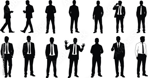 Businessman silhouettes collection set, professional corporate men poses, office worker characters icons, black business people illustrations isolated on white background