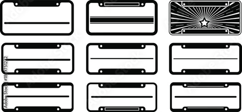 Blank car license plate frame silhouettes set with various styles isolated on white background automotive registration template vector collection