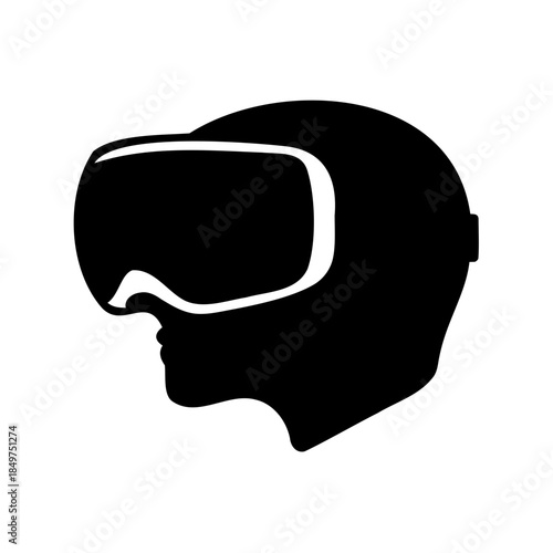 Black silhouette illustration of a person wearing a futuristic VR headset device