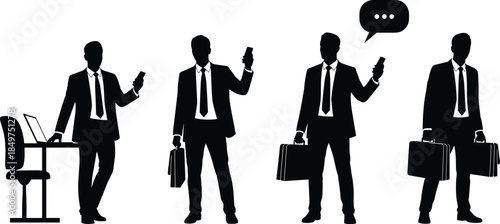 Businessman with smartphone and briefcase icon set, black silhouette illustration of mobility, communication, and modern work concept graphic