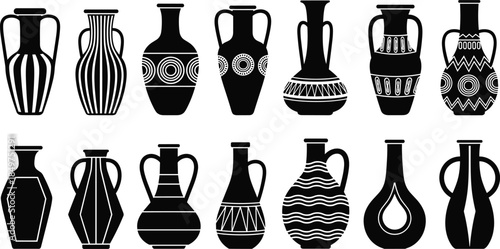 Ancient ceramic vase silhouettes collection, decorative pottery amphora set, traditional clay vessel designs, black archaeological art icons isolated on white background