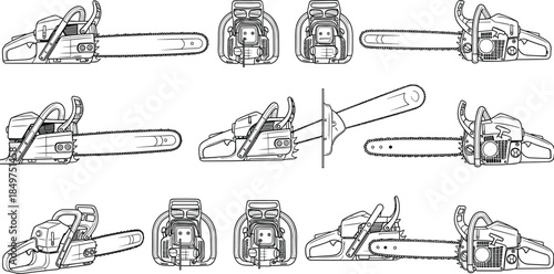 Chainsaw line art illustration set detailed gasoline chainsaw views outline vector technical drawing tool isolated on white