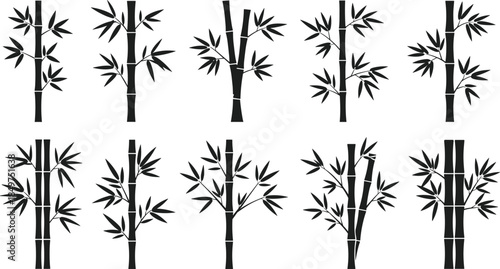 Bamboo silhouettes set with natural bamboo stalks and leaves black vector illustration collection isolated on white background