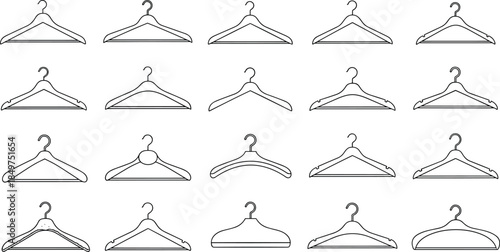 Clothes hanger silhouettes set showing different hanger shapes black outline vector illustration collection isolated on white background