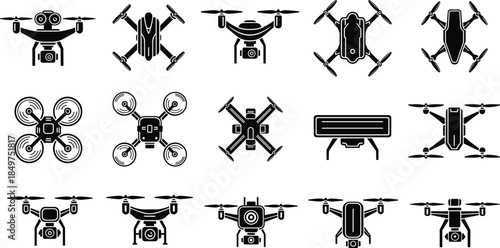 Drone icons set quadcopter silhouettes different views flat black vector illustration isolated white background aerial technology collection