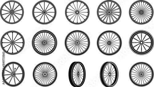 Bicycle wheel icons set different spoke designs flat black vector illustration isolated white background cycling transport elements collection