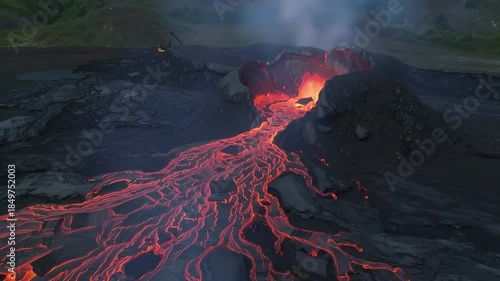 Spectacular Volcanic Eruption - A River of Lava Flows Down the Mountain.