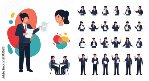 A comprehensive character set for a businesswoman with various poses, gestures, and actions for professional presentations.