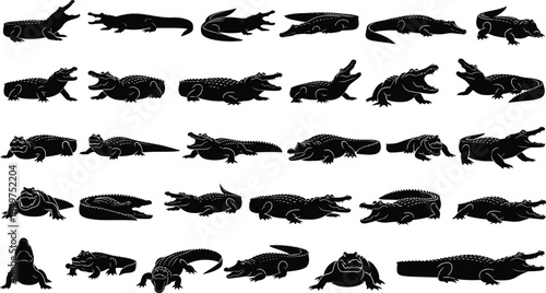 Crocodile and alligator silhouette vector collection showing reptiles in multiple poses, angles and actions isolated on white background