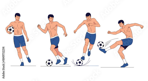 Dynamic sequence of a muscular man playing soccer, showing different actions like dribbling and kicking the ball illustration.