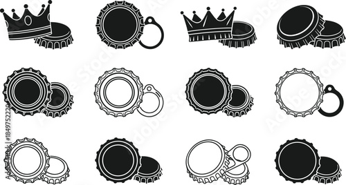 Bottle cap and crown silhouette vector set featuring beer caps, soda lids, opener icons isolated on white background
