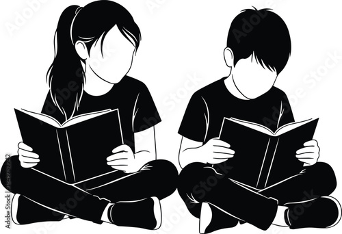 Children reading book silhouette, black vector illustration, educational activity pose, literacy concept, cross-legged kids, learning design, school theme