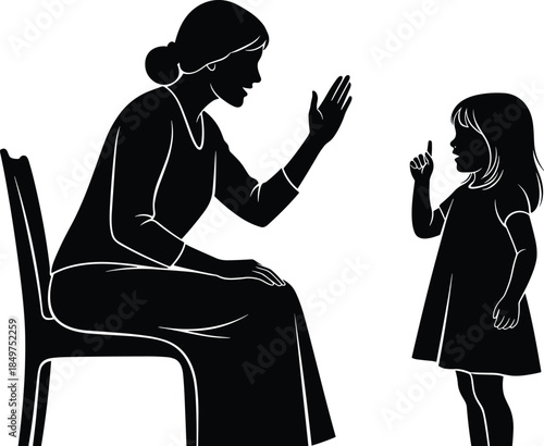 Adult and child communication icon set, black silhouette illustration of teaching, interaction, and parenting concept graphic