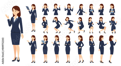 Comprehensive character set of a businesswoman in a formal suit, showing various poses, actions, and expressions for animation.