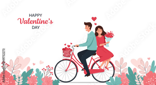 Romantic illustration of a happy couple riding a tandem bicycle for a Valentine's Day greeting card with flowers and hearts.