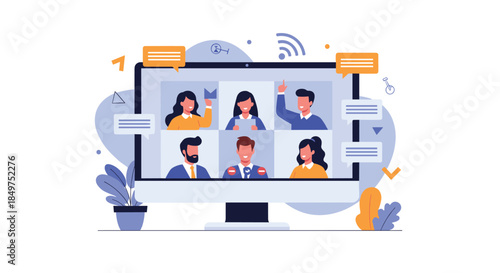 Modern flat design illustration of a video conference call on a computer screen with diverse people collaborating from home.