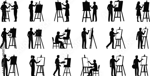 Artist painting silhouette vector set featuring painters at easels, creative art process scenes, black icons isolated on white background