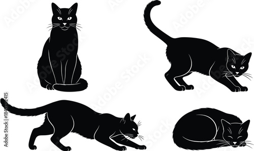 Black cat silhouette vector set showing sitting, walking, stretching and sleeping poses, elegant feline animal icons isolated background