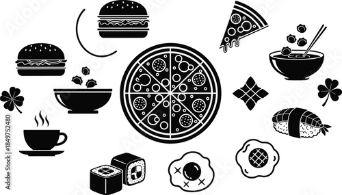 Food silhouette vector set with pizza, burger, sushi, noodles, coffee, fast food icons isolated on white background