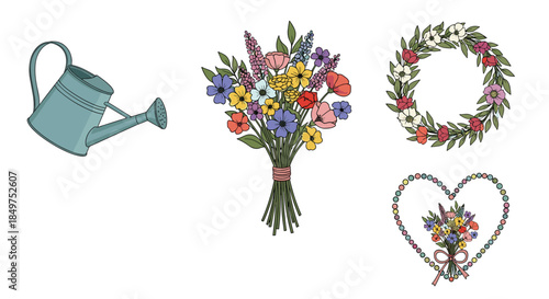 A charming collection of hand-drawn garden elements, including a watering can, a wildflower bouquet, and a floral wreath.