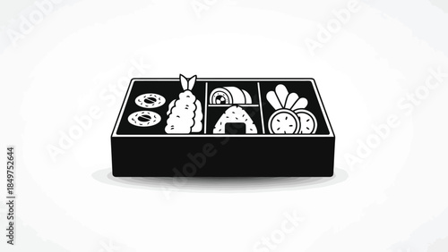 Black and white flat illustration of sushi in a box isolated on white background