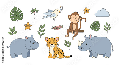 An adorable set of cute cartoon safari and jungle animals including a rhino, leopard, monkey, and hippo with tropical leaves.