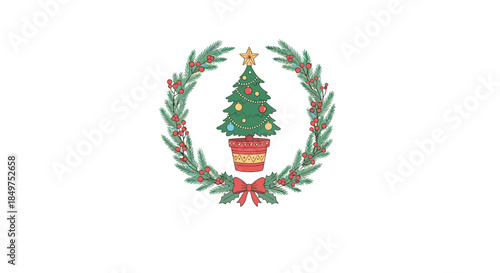 A festive illustration of a decorated Christmas tree placed inside a beautiful evergreen wreath with berries and a red bow.