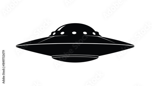 Black silhouette of a flying saucer spaceship with a dome and lights on a isolated on white background