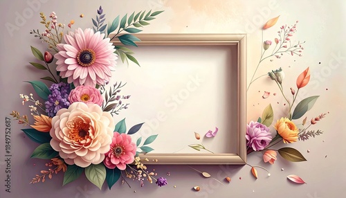Elegant Pastel Floral Arrangement with Blank Frame for Invitations.
