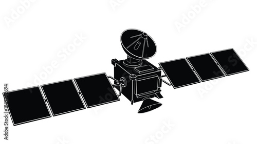 Black silhouette of a satellite in space with solar panels and dish antenna, flat design isolated on white background